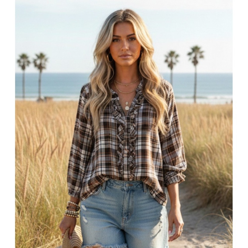 Chicos Shirt Womens XL 16 18 Plaid Ruffle Front Long Sleeve Rayon Top Blouse 341